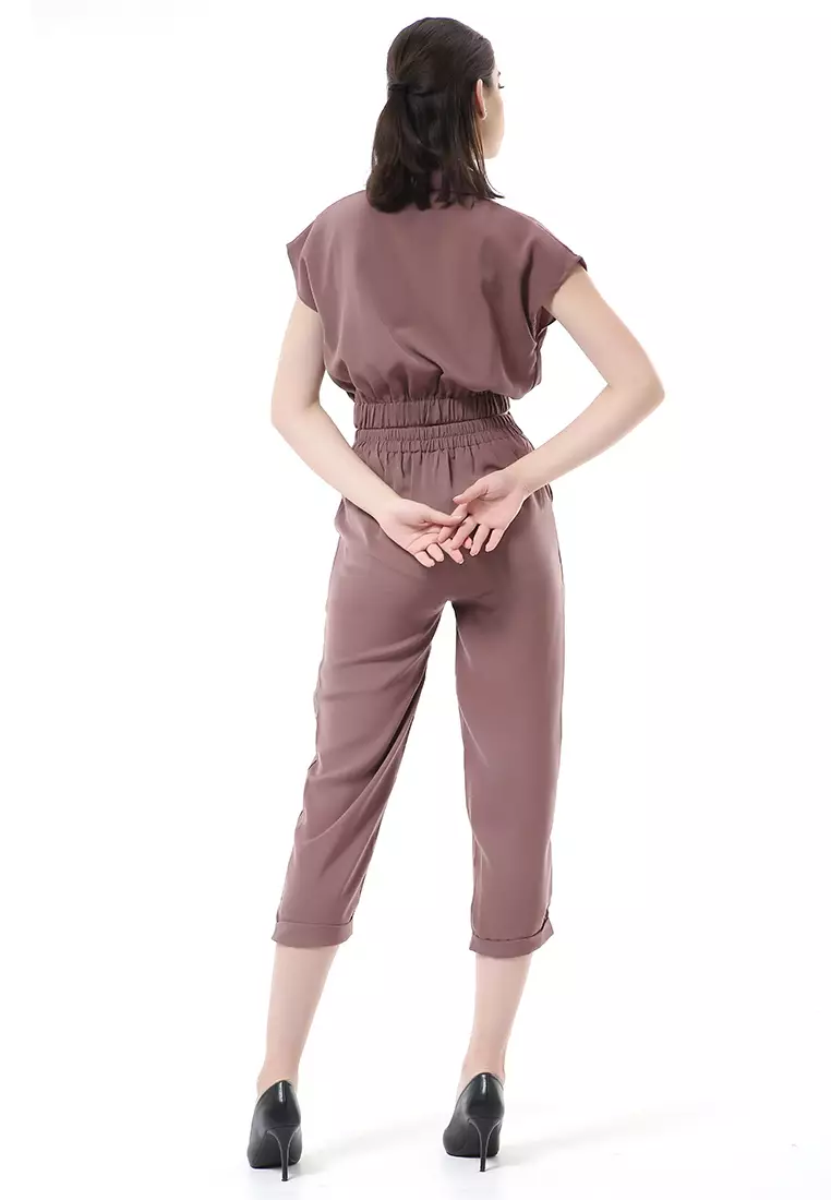 Nayra One Set Setelan Atasan Crop Karet Lengan Pendek Basic Pants Wanita Material Dolce ORIGINAL - Chocolate