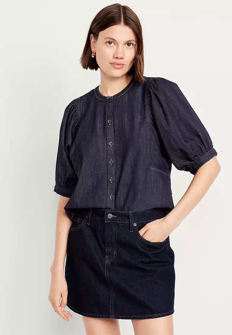 Button-Down Puff-Sleeve Denim Shirt