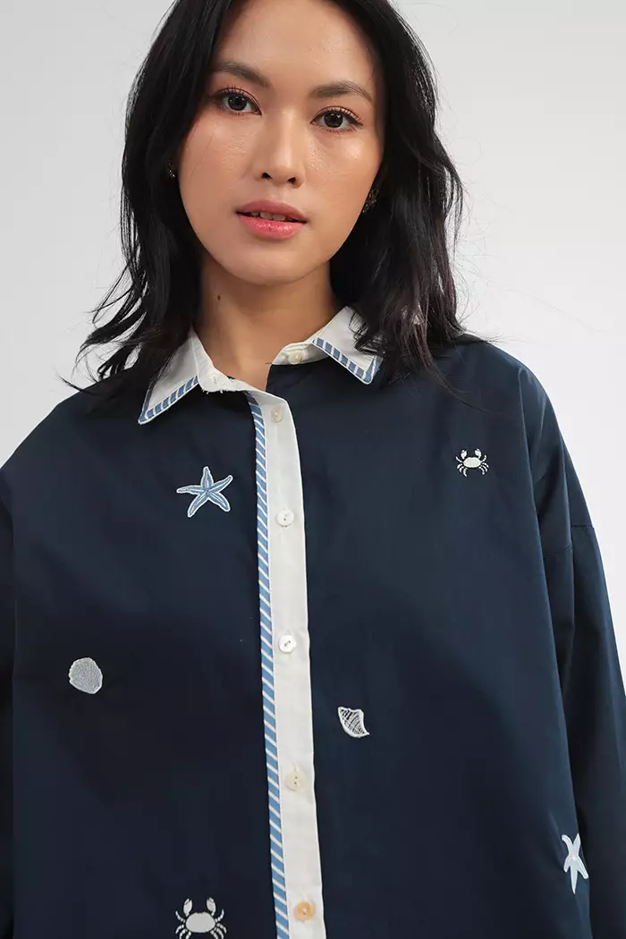 COTTONINK - Atasan Kemeja Wanita Navy Ocean Maurea #SummerCollection2025