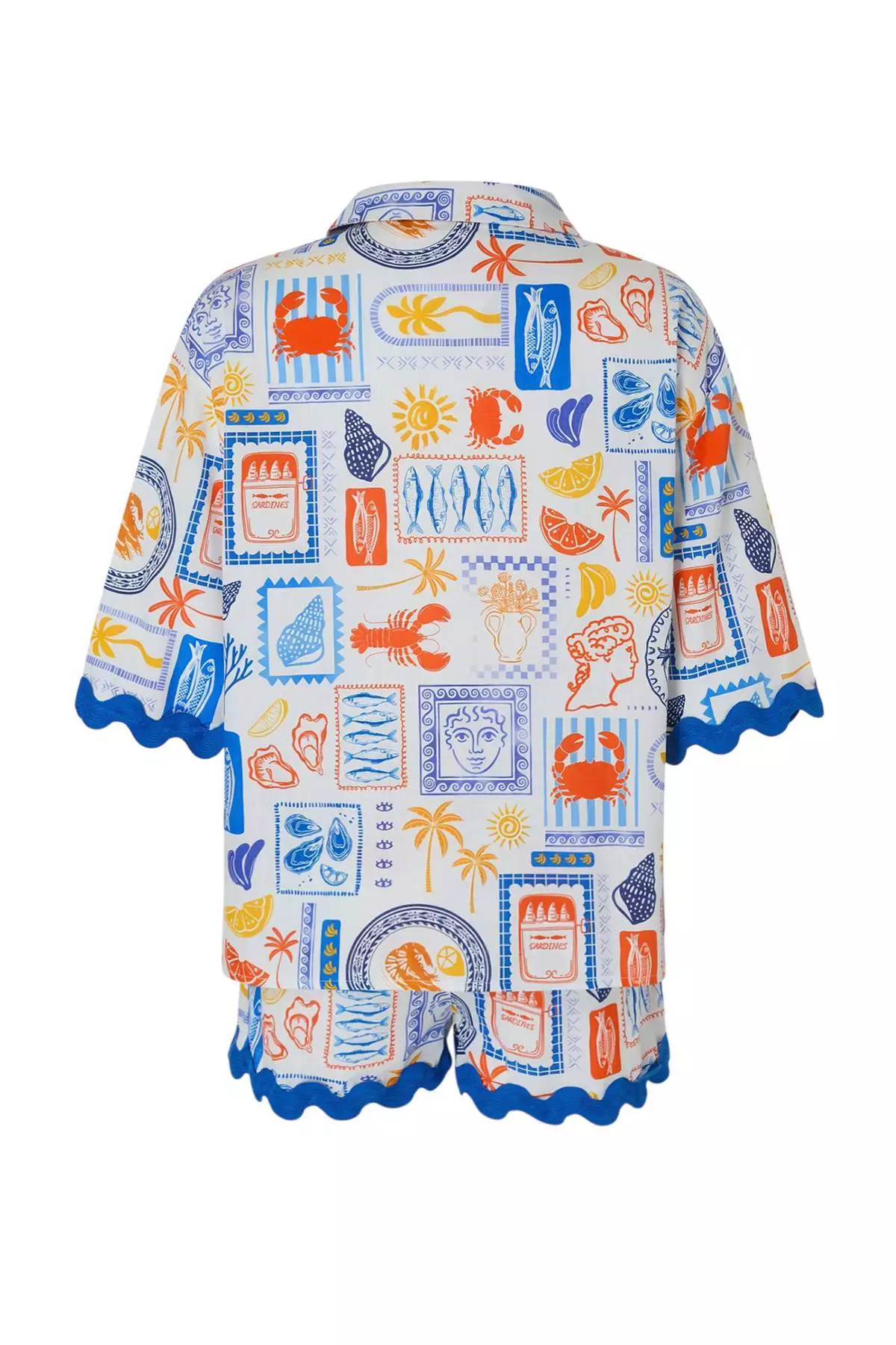Underwater Mix Pattern Woven Stripe Beach Shirt-Shorts Set Tbess25Au47