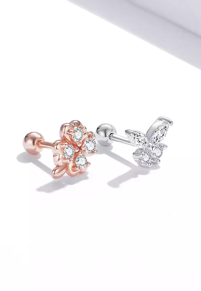 Solid 925 Sterling Silver Mismatch Butterfly Clover Zirconias Cartilage Earrings