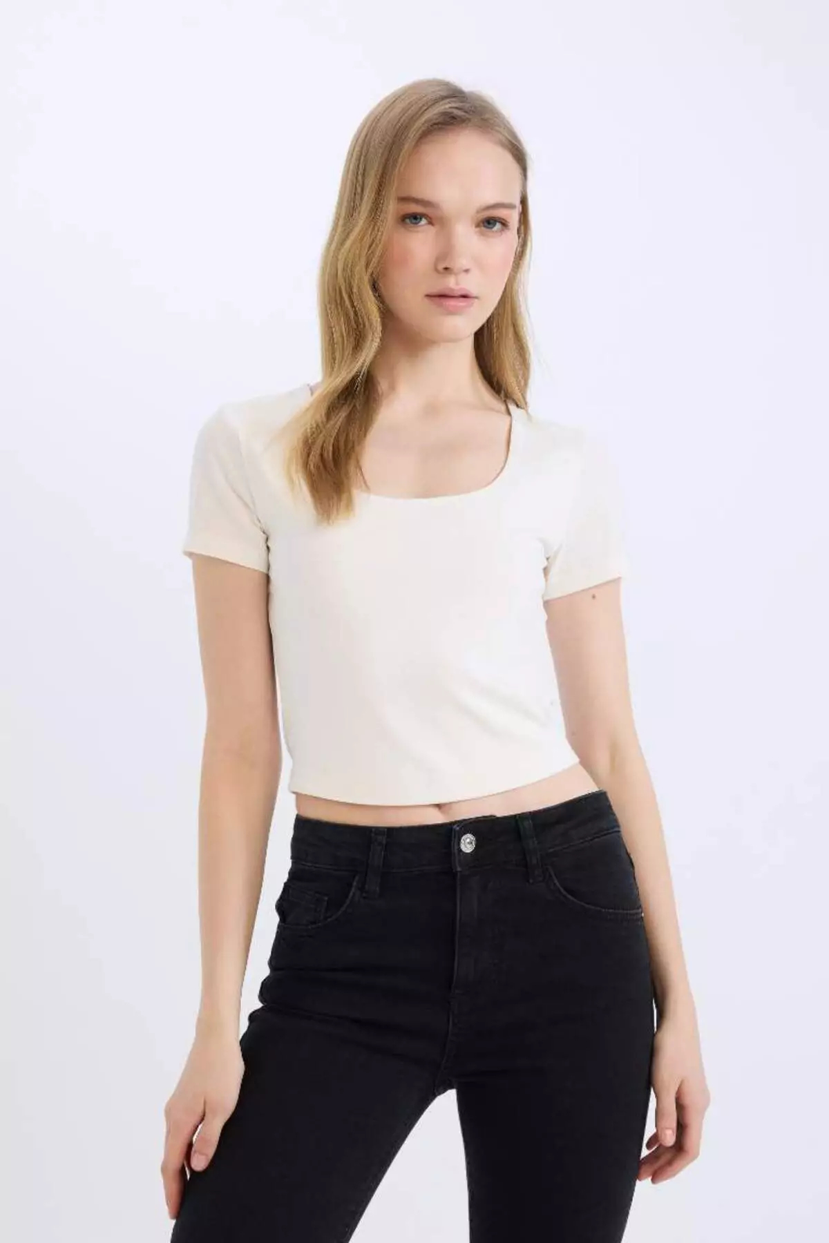 Fitted U Neck Basic Plain Short Sleeve T-Shirt C6102Ax25Sm