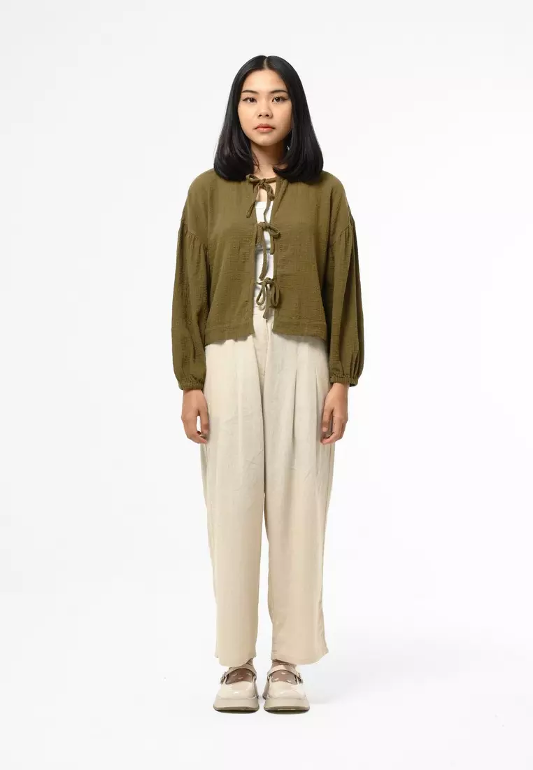 Greenlight Women's Shirt Long Sleeve Loose Fit Tie Knot Blouse Kumiko HP-C060225