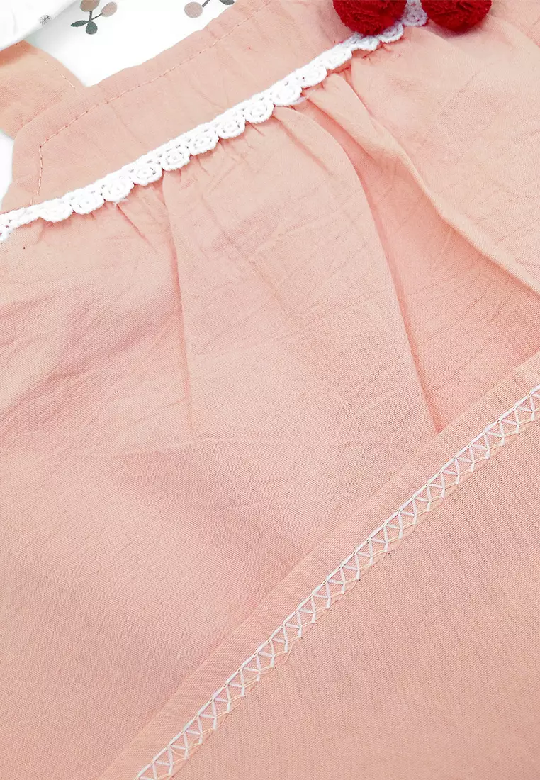 Dress Bayi Anak Perempuan Lengan Pendek Cherry Pom Pom Peterpan Collar Korean Style Import 4339 Venrz Pink