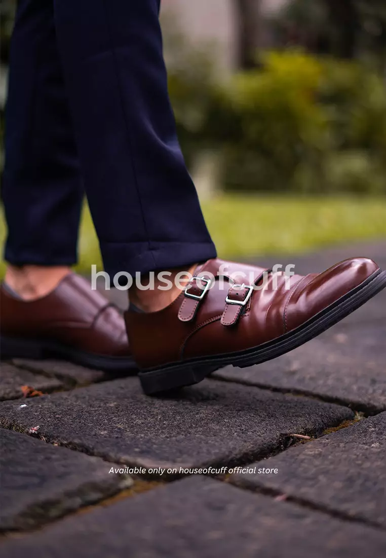 Sepatu kulit pria formal pantofel monk strap coklat houseofcuff