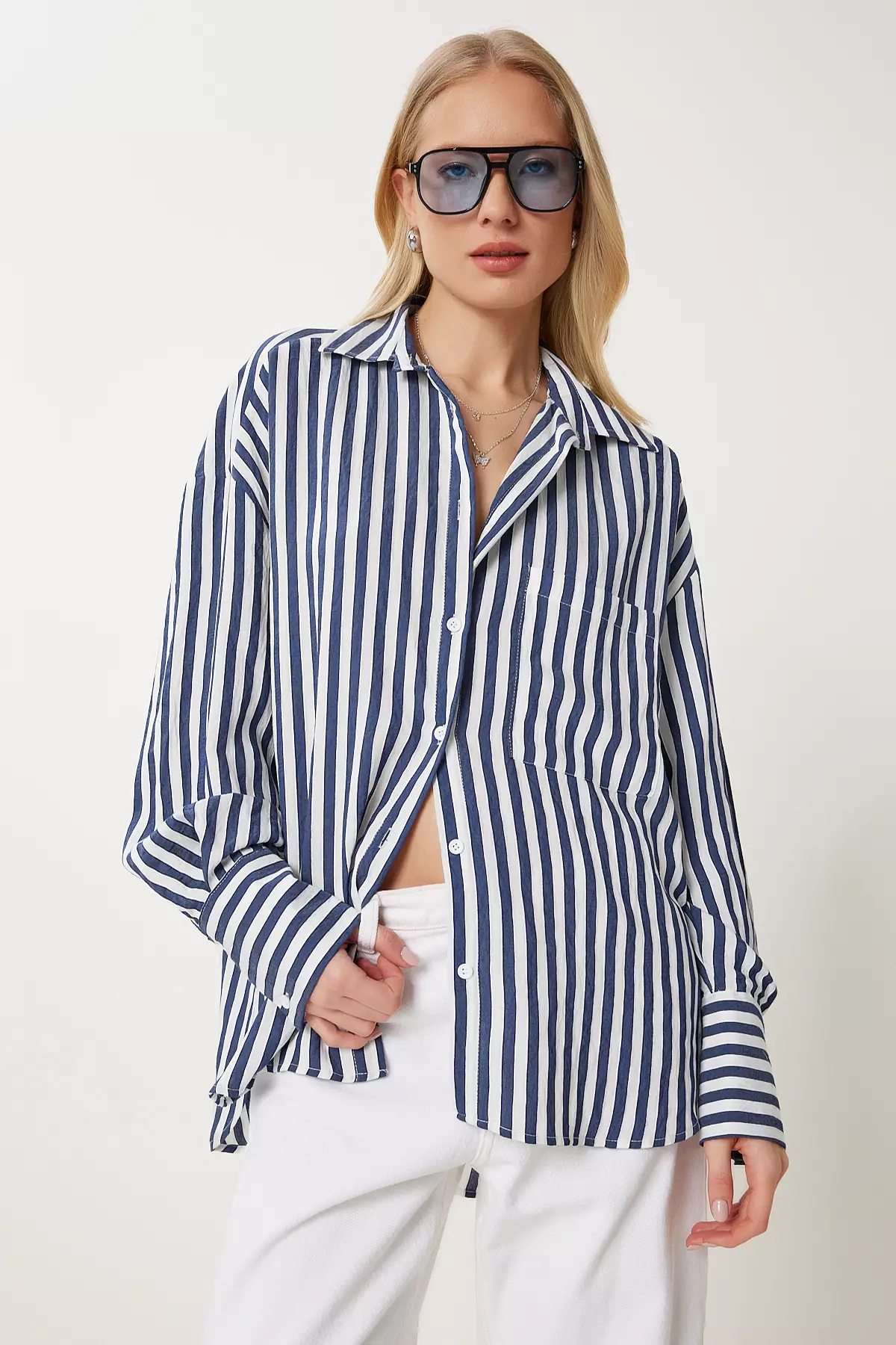 Women's Navy Blue White Striped Oversize Woven Shirt Dp00259