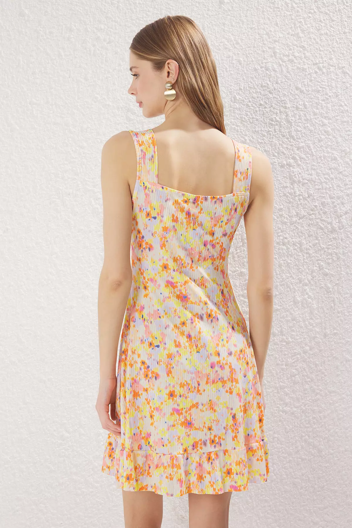 Orange Printed Square Neck Flounce A-Line Mini Knitted Mini Dress TWOSS23EL00348