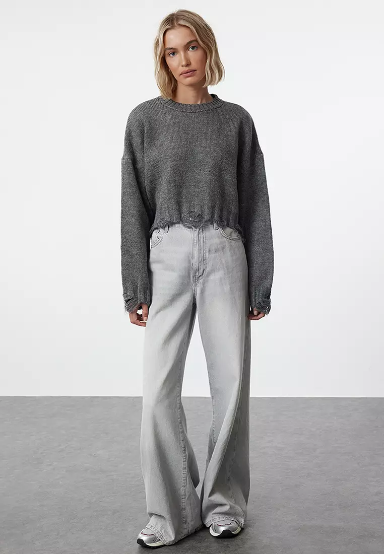 Anthracite Crop Super Wide Pattern Soft Texture Knit Sweater TWOAW24KZ00319