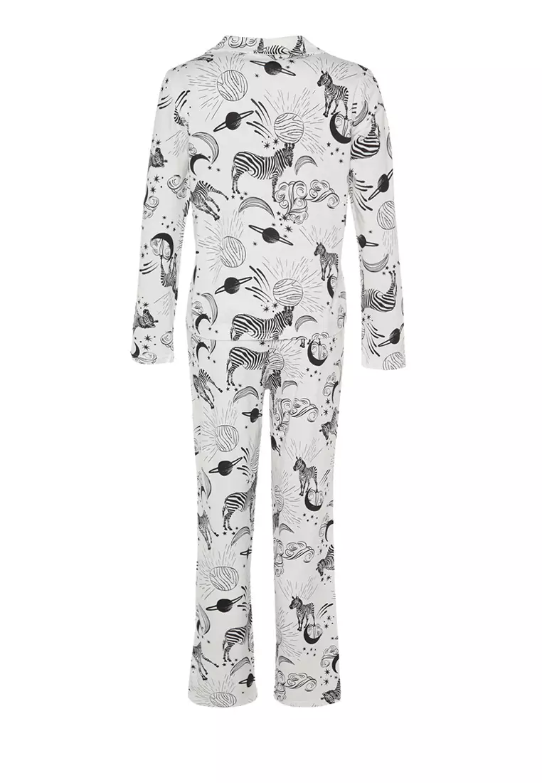 White 100% Cotton Patterned Shirt-Pants Knitted Pajama Set THMAW24PT00002