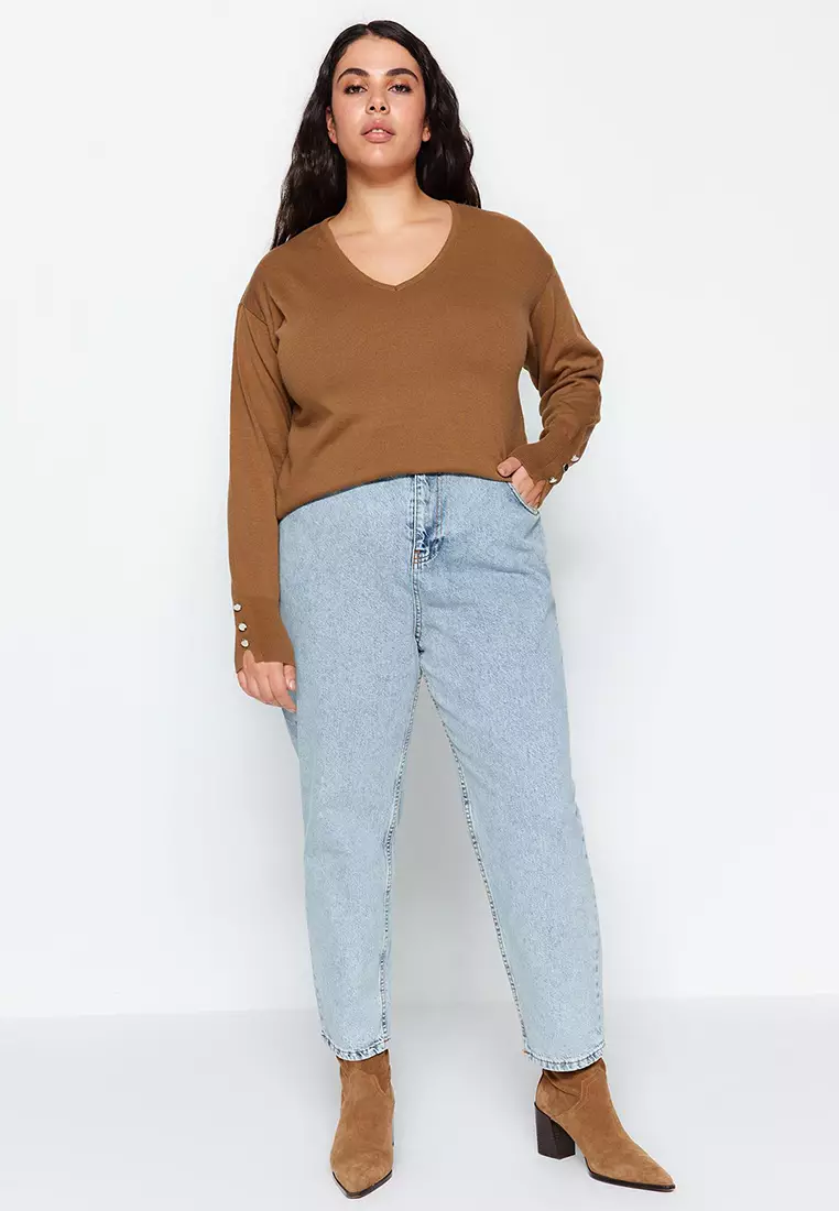 Mink V-Neck Button Detailed Knitwear Sweater Tbbaw23An00043