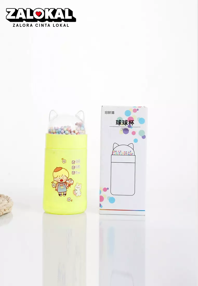 Wakakids Botol Minum Kaca Anak Food Grade Minimalis 350ml Tutup Karakter Kucing Lucu Bubble Warna Venrz Kuning
