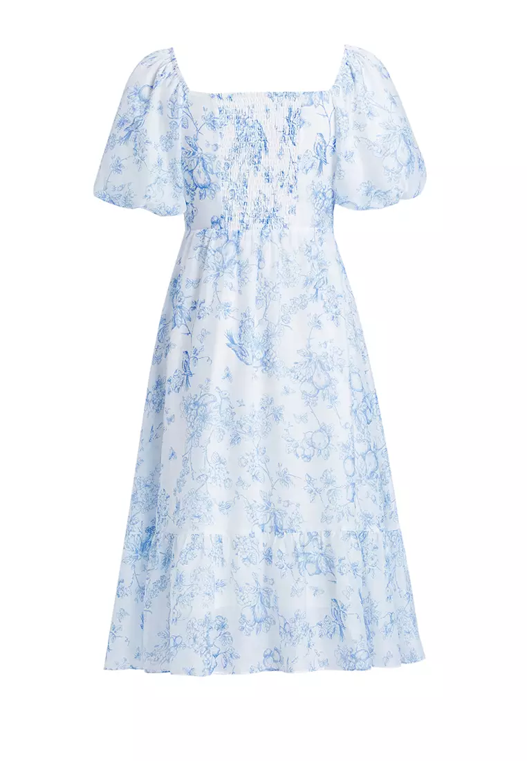 Square Neck Puff Sleeve Blue Floral Summer Dress