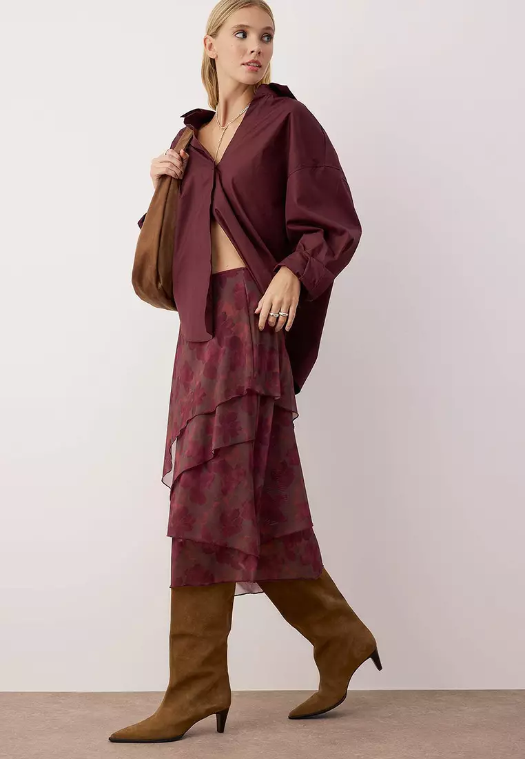 Burgundy Ruffled Abstract Patterned Knitted Skirt