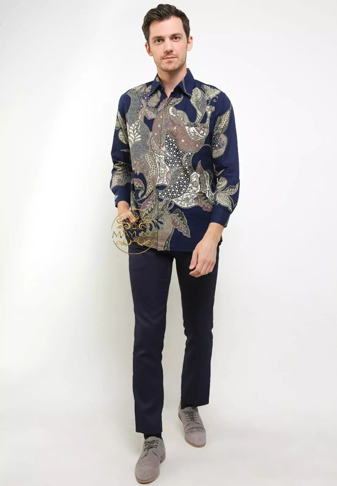 Laurendra Navy Kemeja Batik Pria Premium Slimfit Modern Lengan Panjang