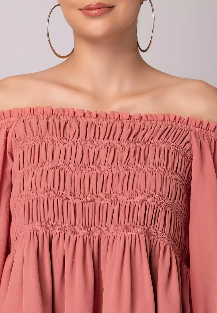 Peach Off Shoulder Smocked Peplum Top