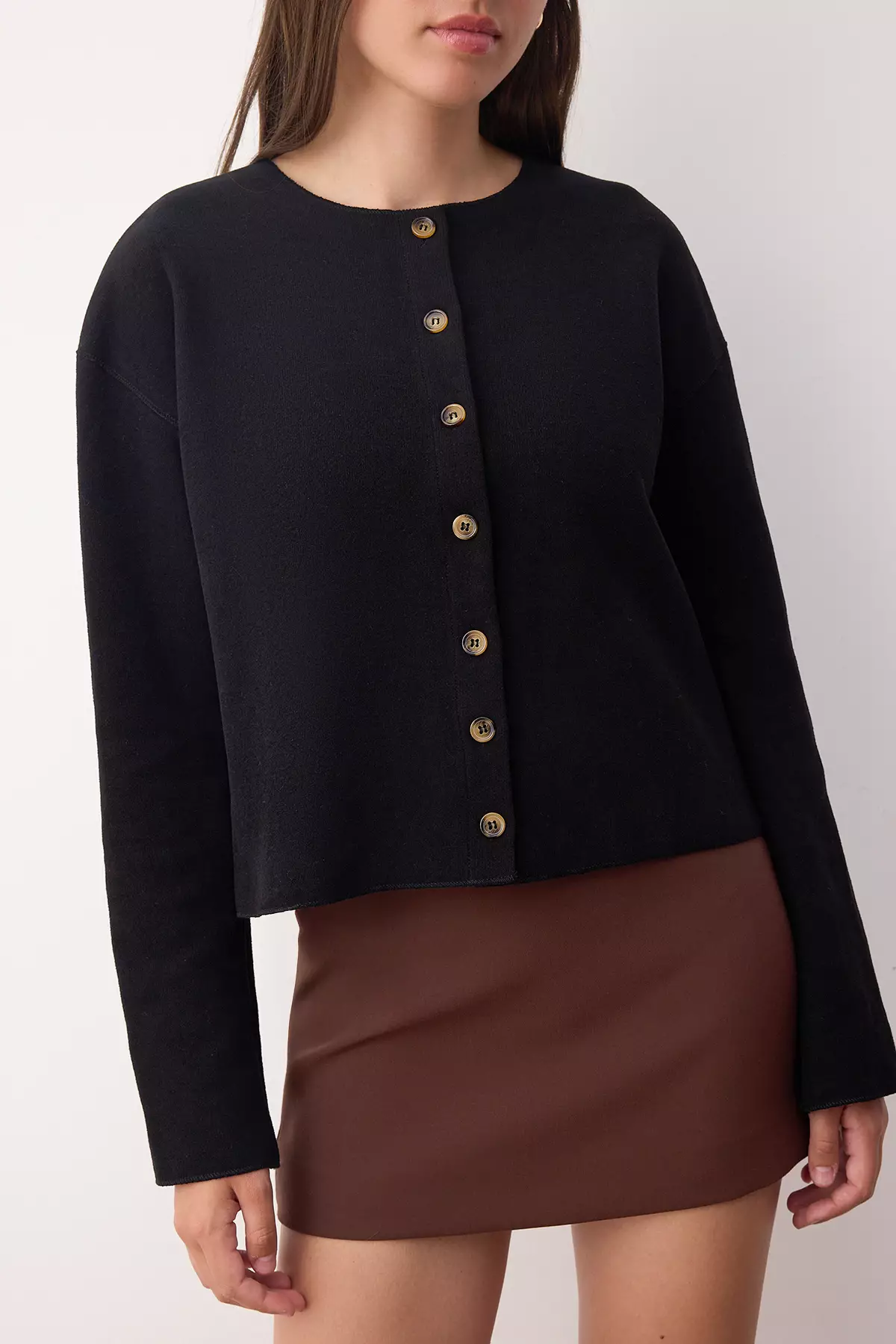 Black Soft Surface Buttoned Crew Neck Knitted Jacket