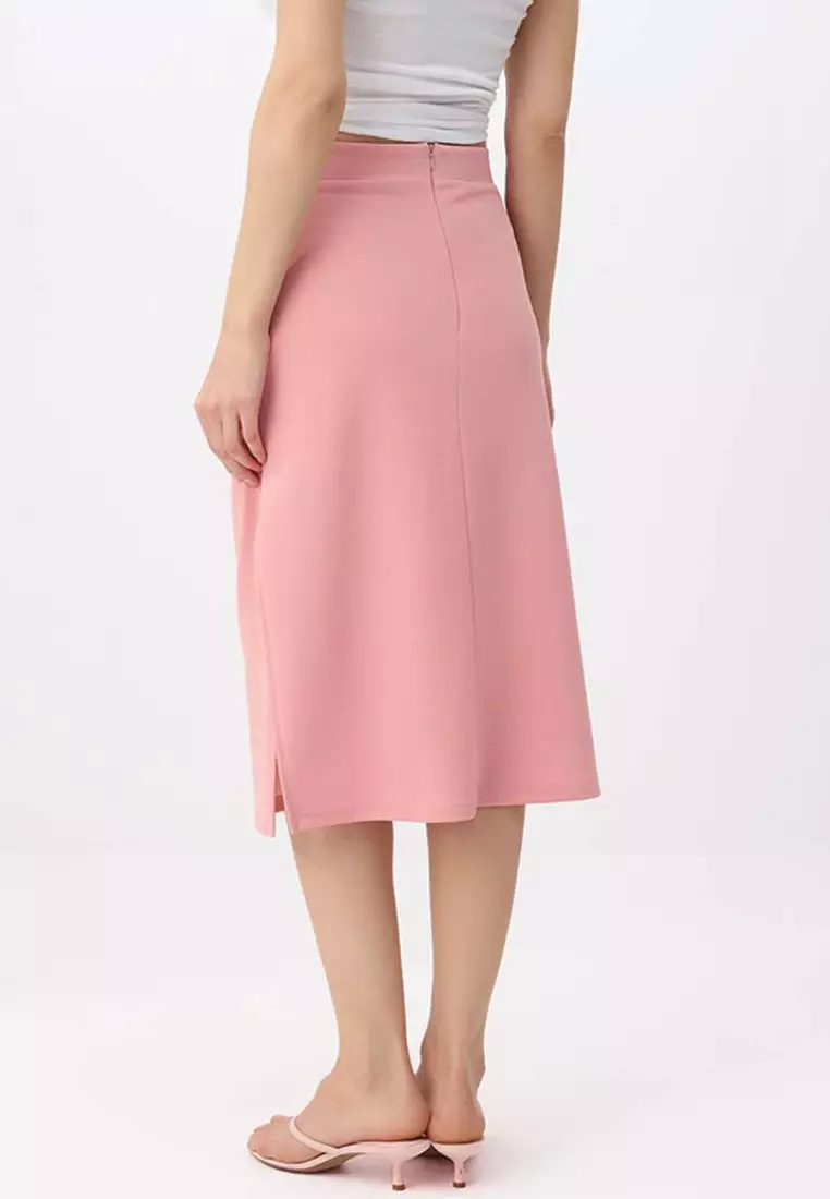 Pink Straight Pencil Slit Normal Waist Midi Scuba Crepe Knitted Skirt Twoss26Et15