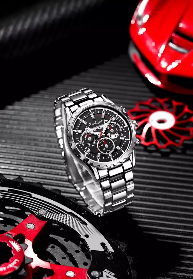 Jam Tangan Pria 8081 Kuarsa Hollow Design Kalender Tali Stainless Steel Jam Tangan Cowok Silverblack