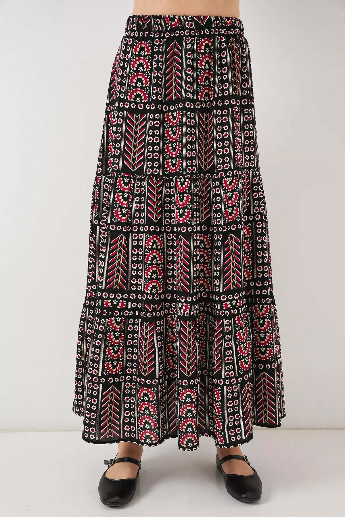 Women's Patterned Long Skirt 8053 - Black