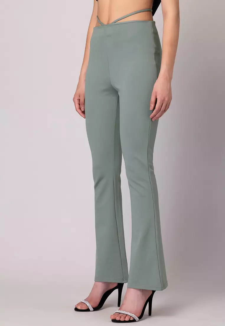 Light Green Flossing Detail Mid Rise Flared Leggings