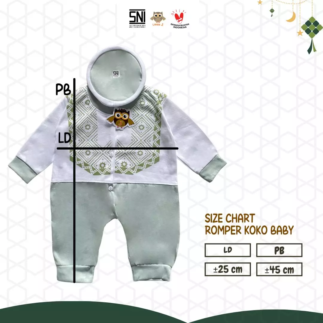 Little J - (1562 SAGE) Raya Collection Romper Koko Baby Setelan Baju Koko Bayi SNI Muslin Cowok Jumper Koko 0-9 Bulan Peci Double Knitted Sablon Aplikasi Kudung 3 Kancing Hidup
