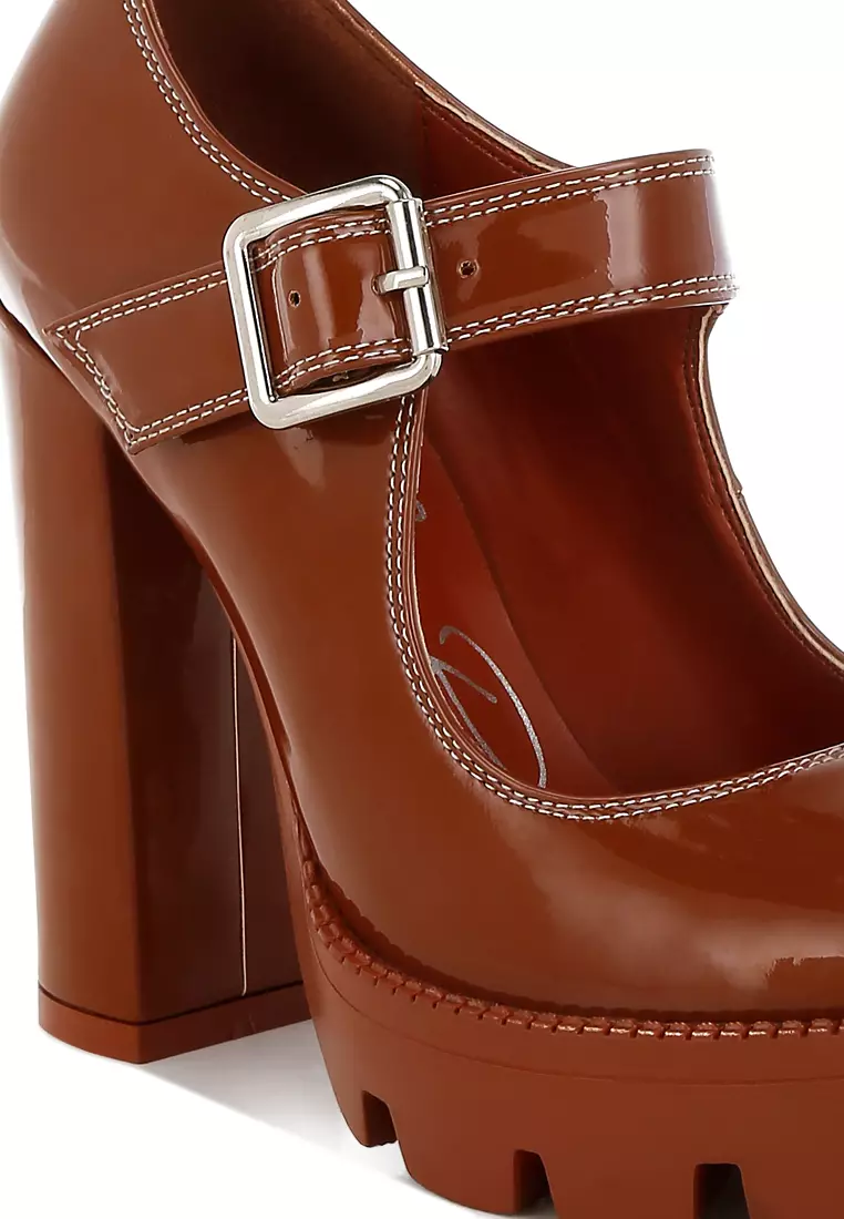 Tan Patent PU High Heeled Mary Jane Shoes