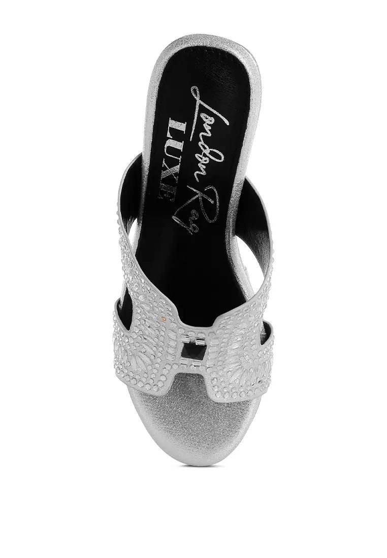 Diamante & Rhinestone Detail Cut-Out Sandals in Silver