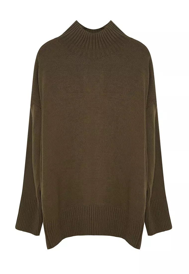 Khaki Turtleneck Off Shoulder Knitwear Sweater Tbbaw23An00136