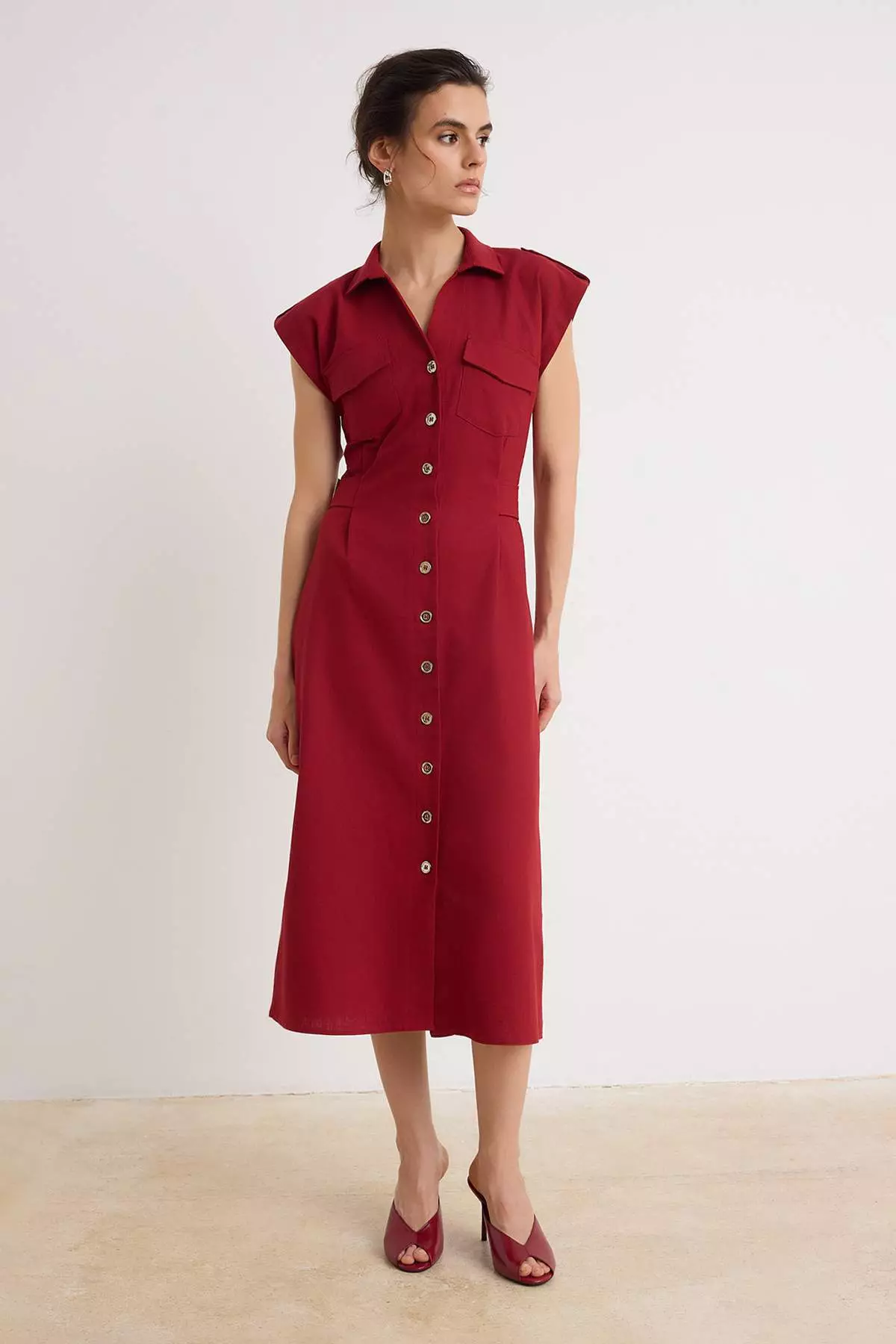 Burgundy Accessory Detailed Buttoned Midi Woven Shirt Dress Twoss26El00125