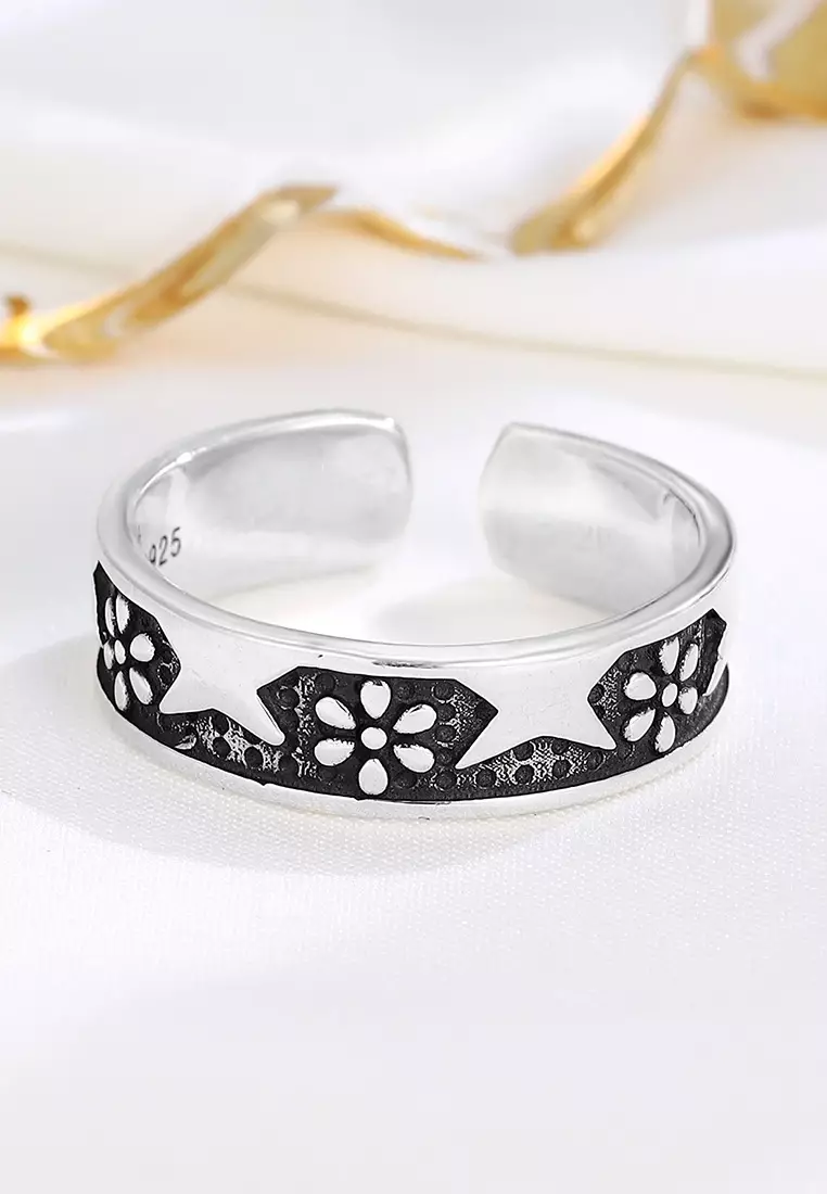 LDR24320 S925 Silver Vintage Daisy Flower Open Ring
