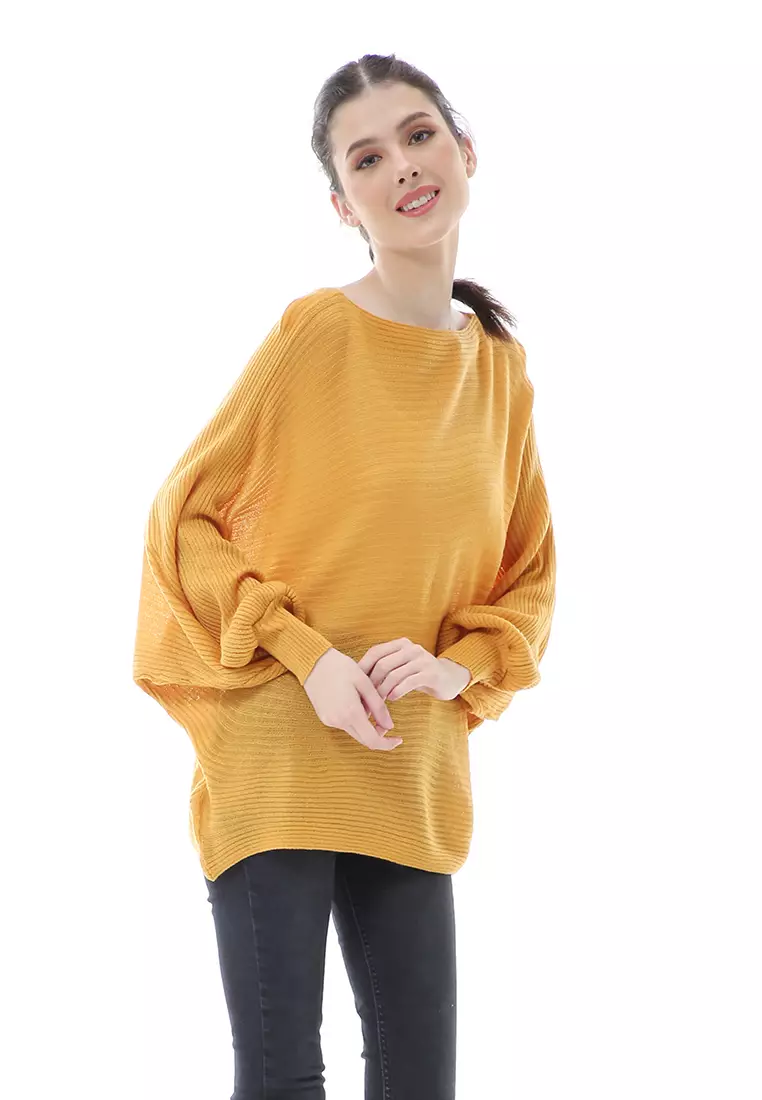 Eveline Sweater Rajut Batwing Atasan Wanita Motif Polos High Quality - Mustard