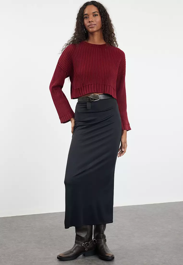 Claret Red Super Crop Knitwear Sweater TWOAW24KZ00275