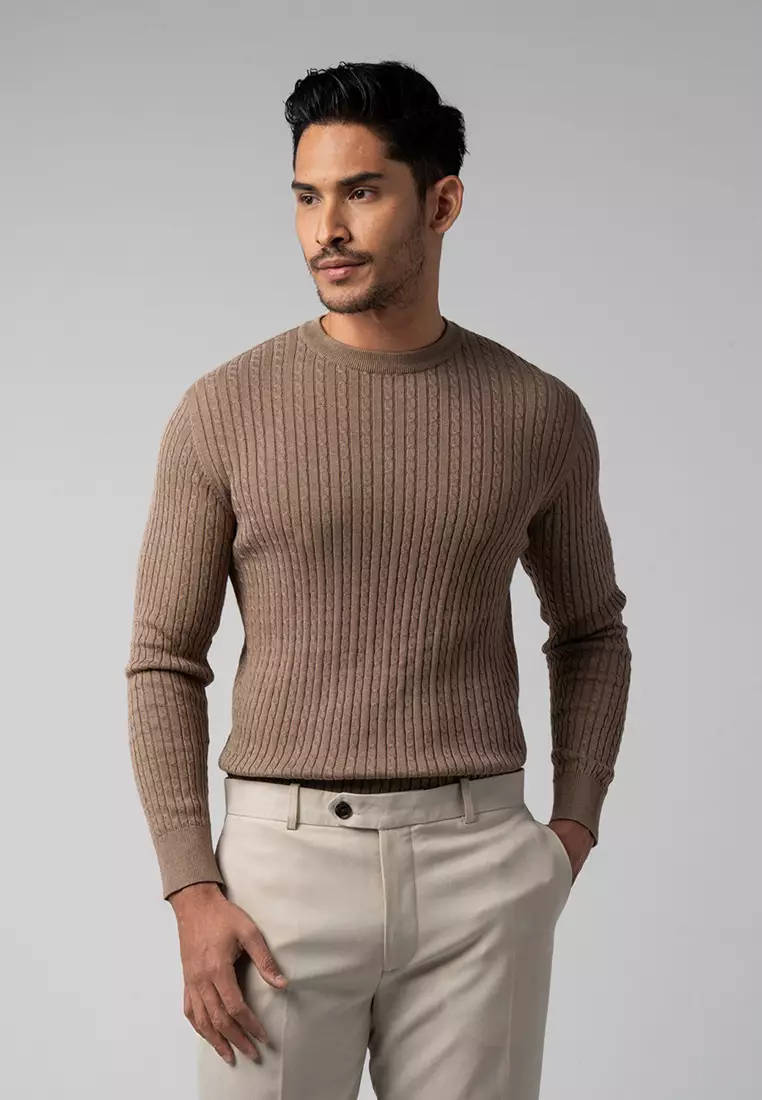 Mens Cable Knit Cotton Sweater Light Brown LS
