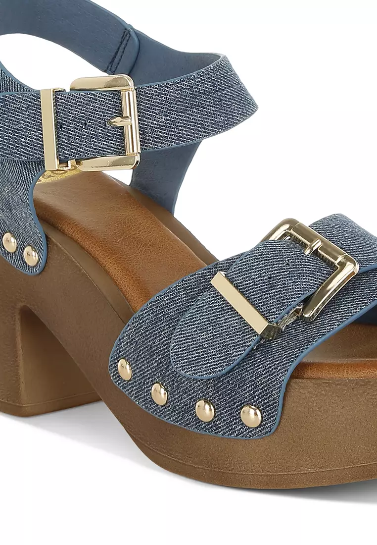 Studded Denim Clog Sandals In Denim
