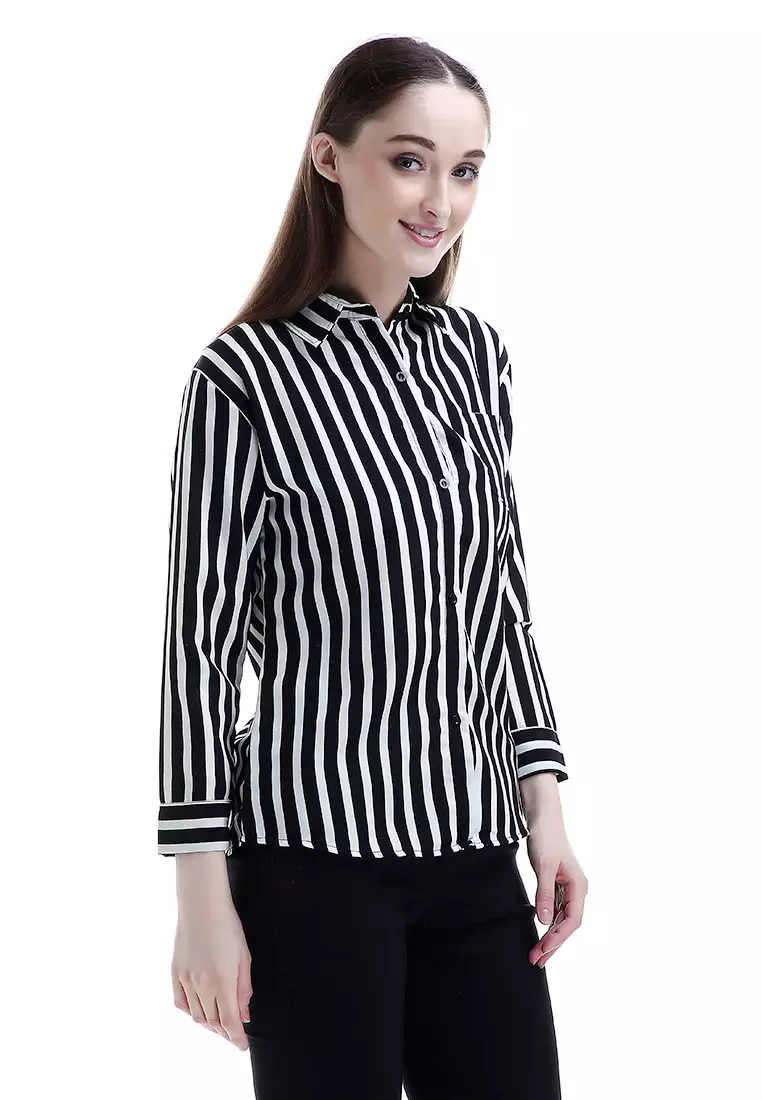 Carmel Long Shirt Motif Pattern Dual Tone Color Woman Design Chic - Hitam