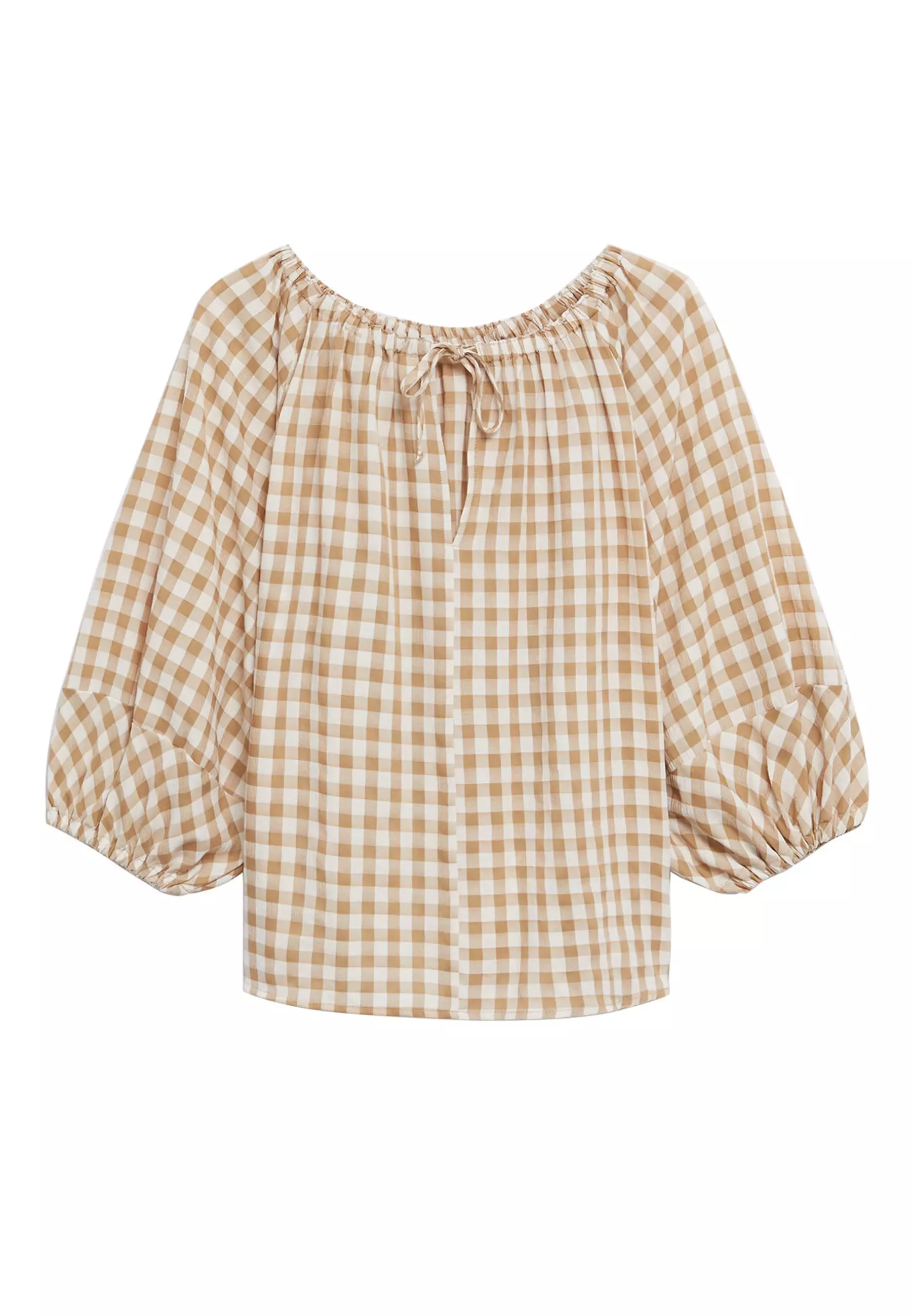 Puffed Sleeve Checked Blouse