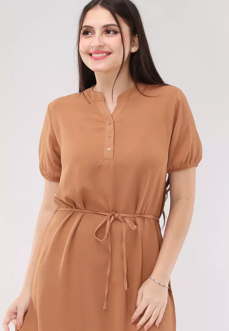 Wrinkled Linen Woven Short Sleeves Dress