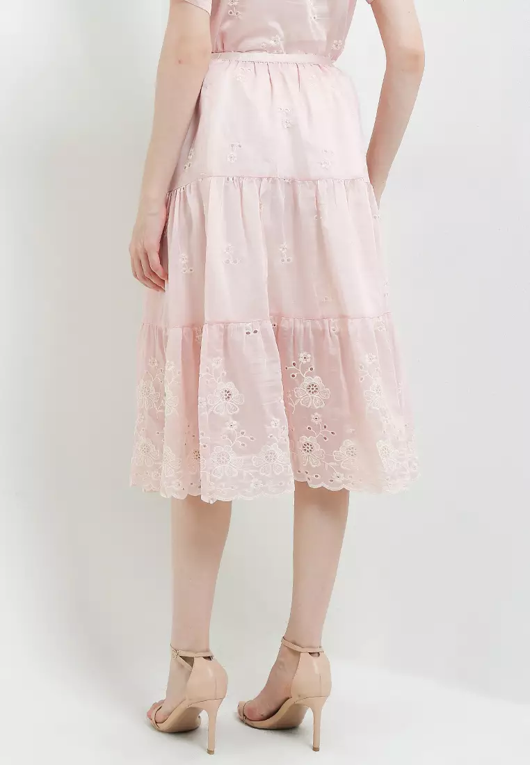 3 Tiers Flo Emb Cotton Skirt W/ Scallop Hem