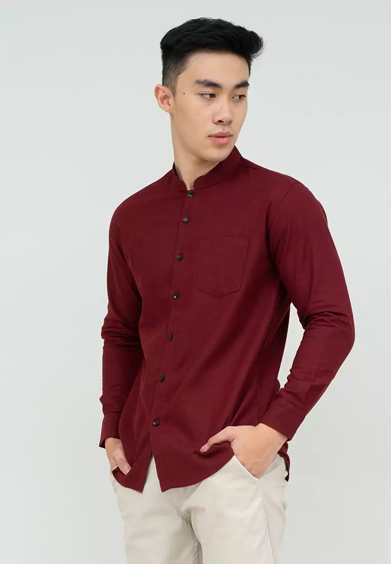 Houseofcuff kemeja Koko Lengan Panjang Pria Maroon