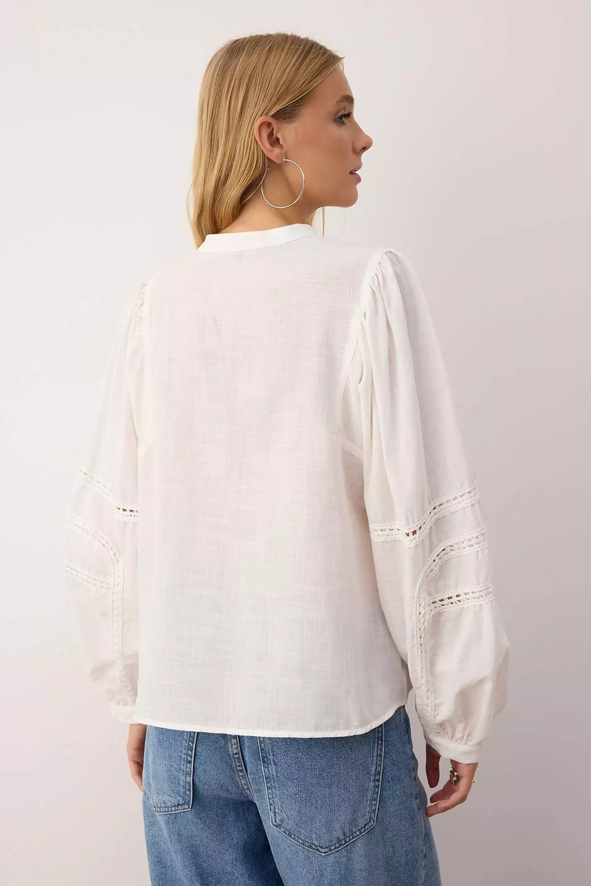 White Boho Shirt With Lace Stripe Detail On Sleeves
