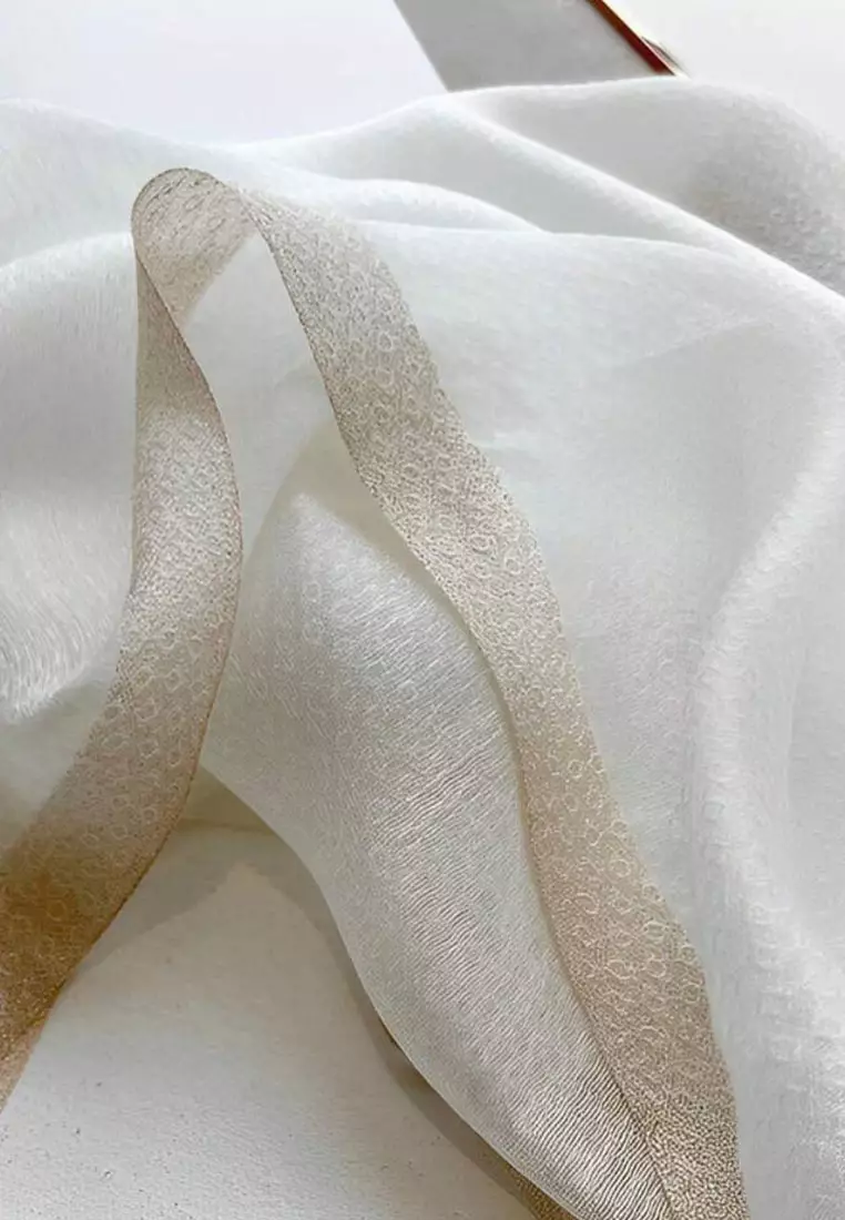 Aksesoris Wanita Golden Thread Tulip Embroidery Flowery Silk Shawl Syal Sutra Wanita White