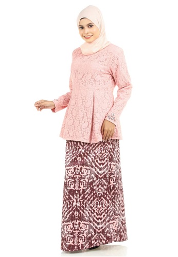 Buy Arwa Kurung Lace Peplum With Batik Motifs Skirt from Ashura in White and Red and Multi only 229.9
