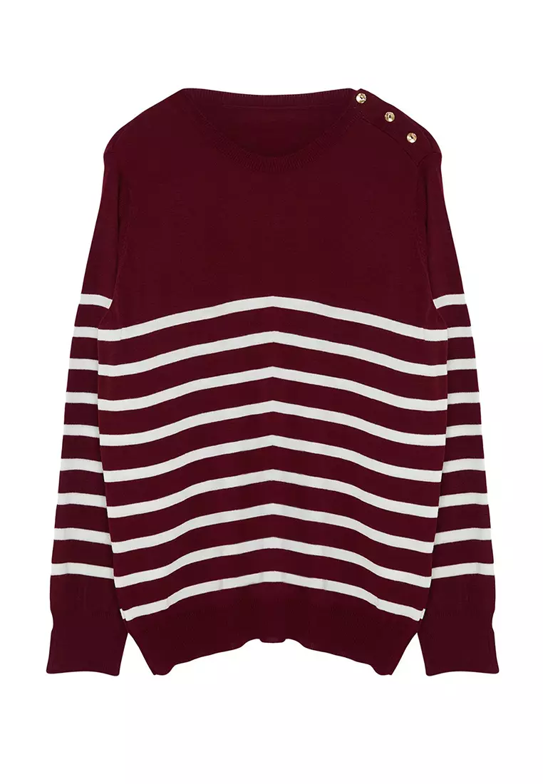 Burgundy Striped Crew Neck Knitwear Sweater Tbbaw23An00119