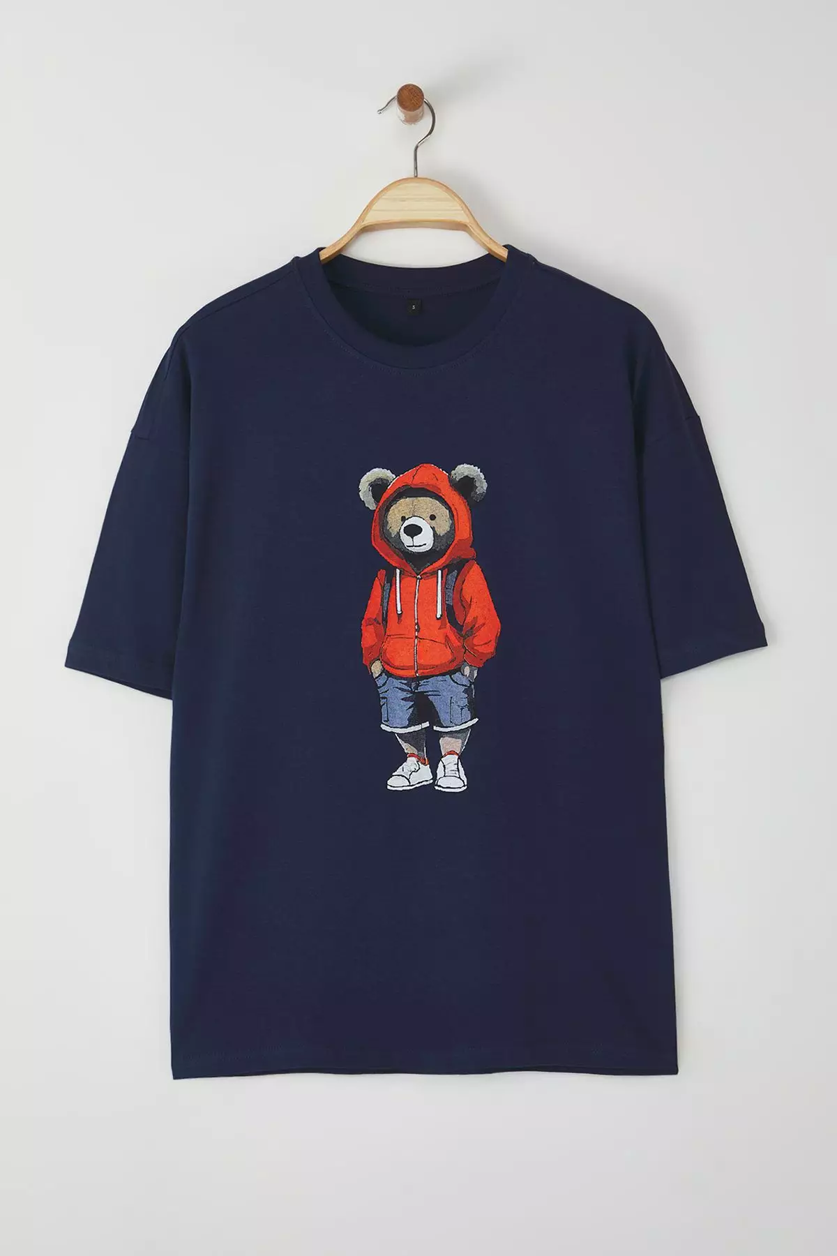 Navy Blue Unisex Oversize/Wide Cut Teddy Bear Printed 100% Cotton T-Shirt TMNSS25TS00158