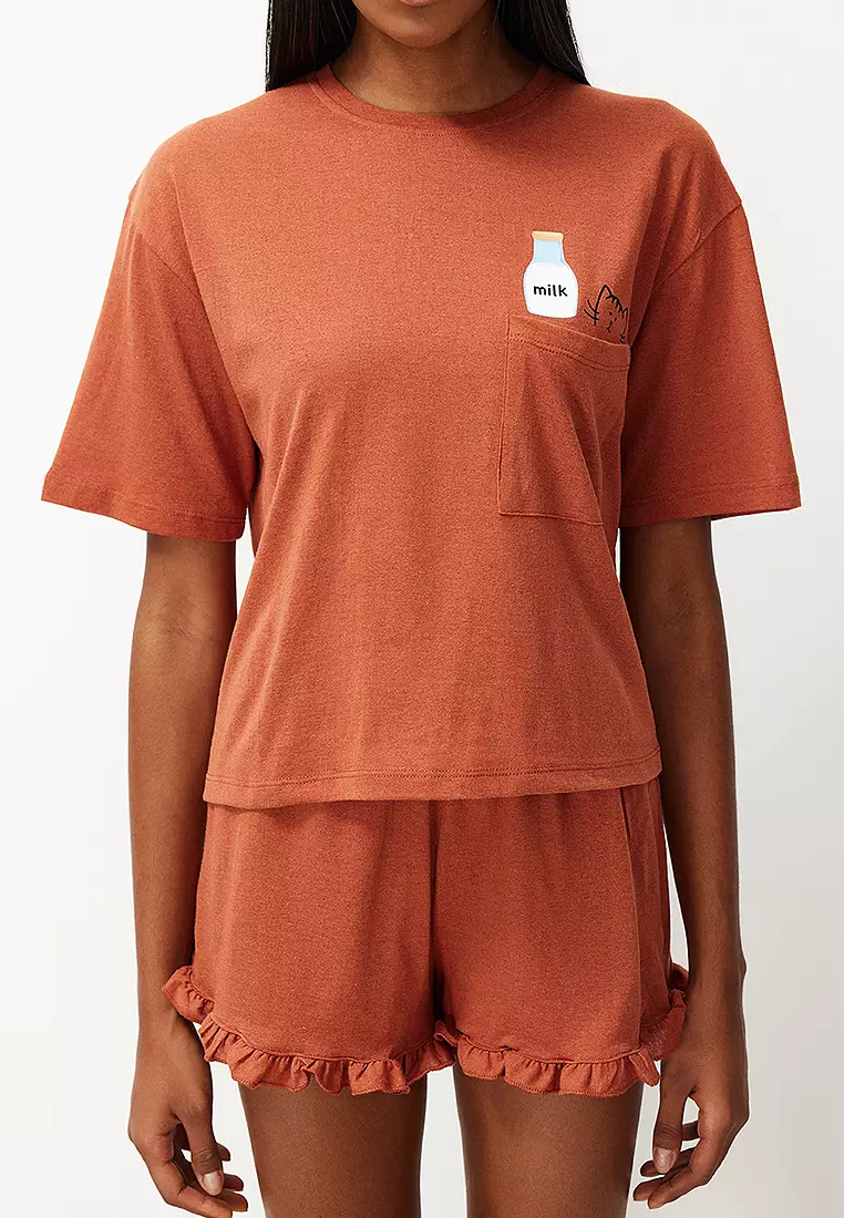 Tile Frilled Printed Shorts Knitted Pajama Set