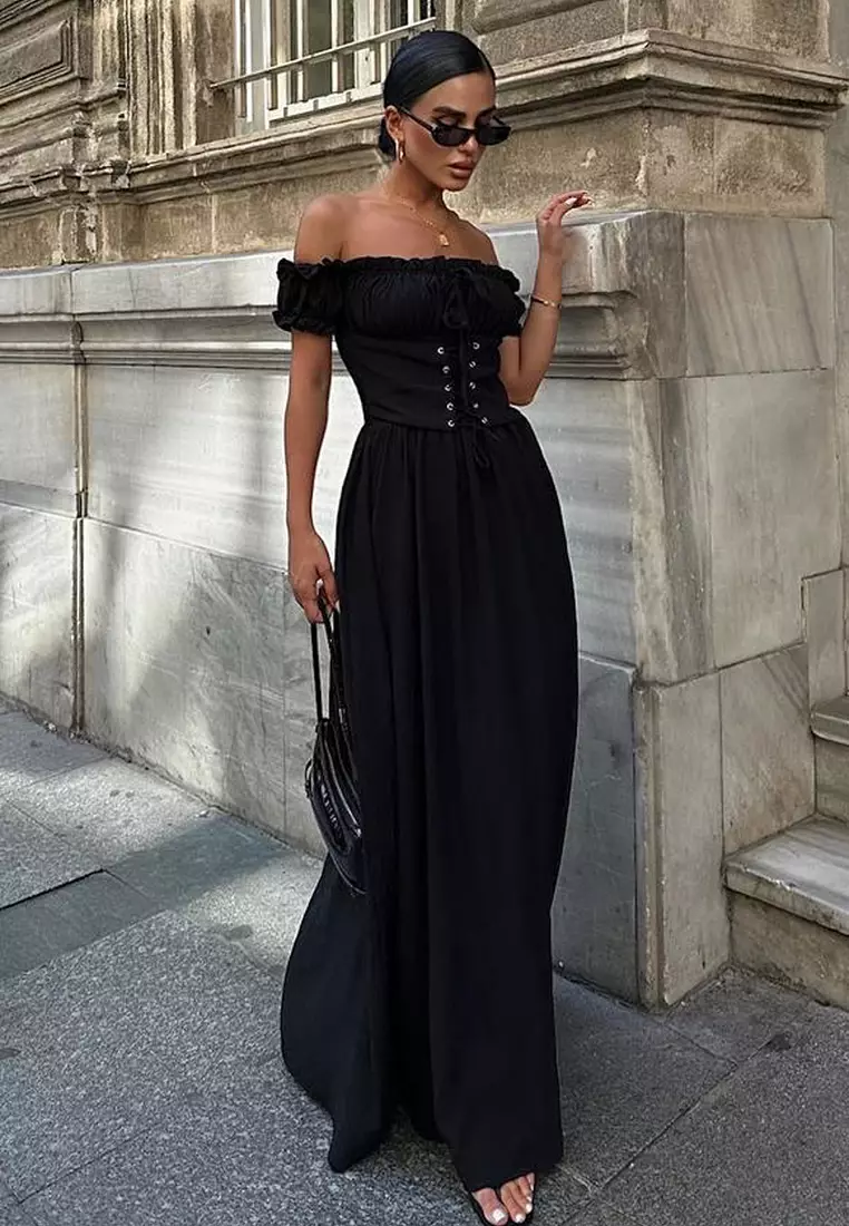 Black A-Line Carmen Neck Corset Look Elegant Evening Night Graduation Dress TPRSS25AE00133