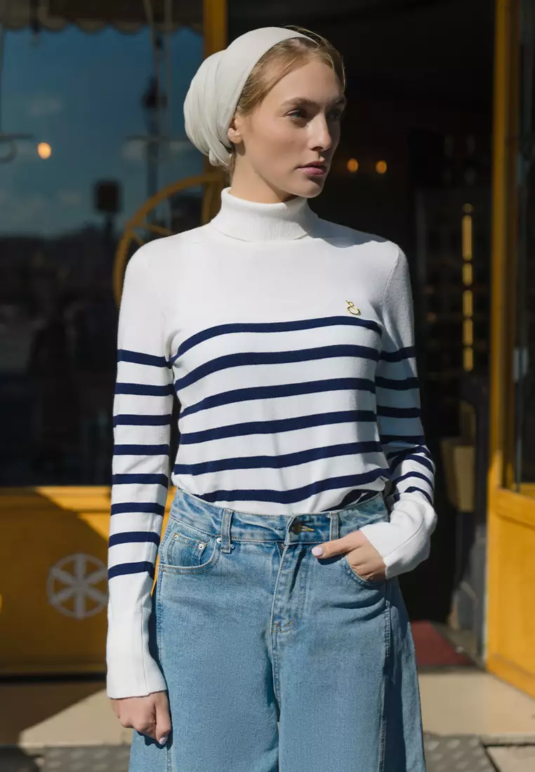 Jenna and Kaia - Nafa Turtleneck Stripe Pangeant Blue - Kaos Turtleneck Wanita