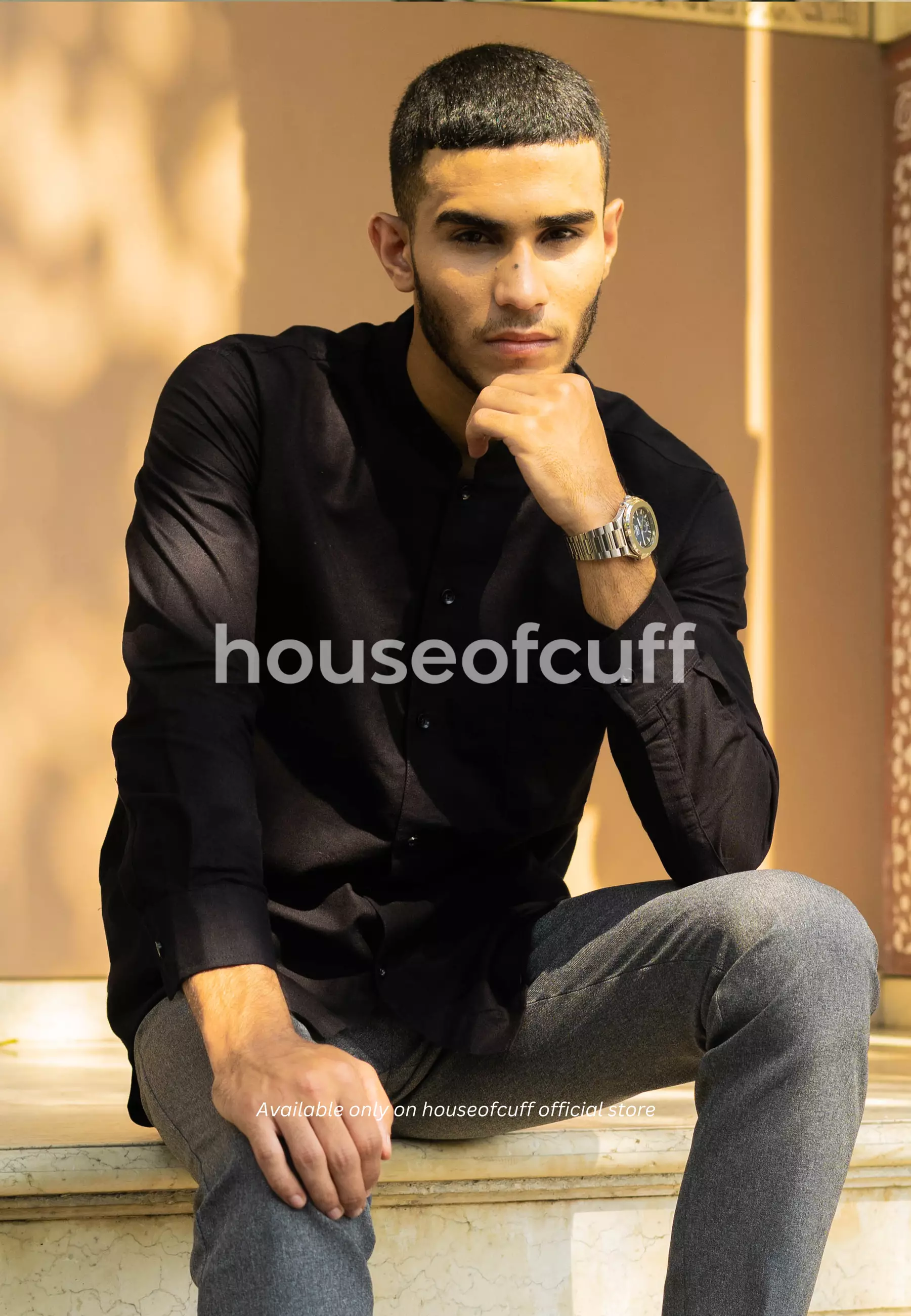 Houseofcuff kemeja Koko Lengan Panjang Pria Hitam Saku Polos