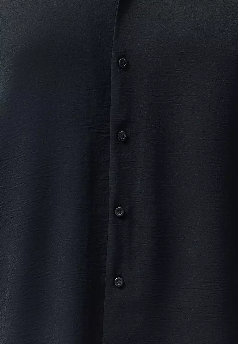Black Regular Fit Open Collar Summer Linen Look Plus Size Shirt TMNSS24AX00012