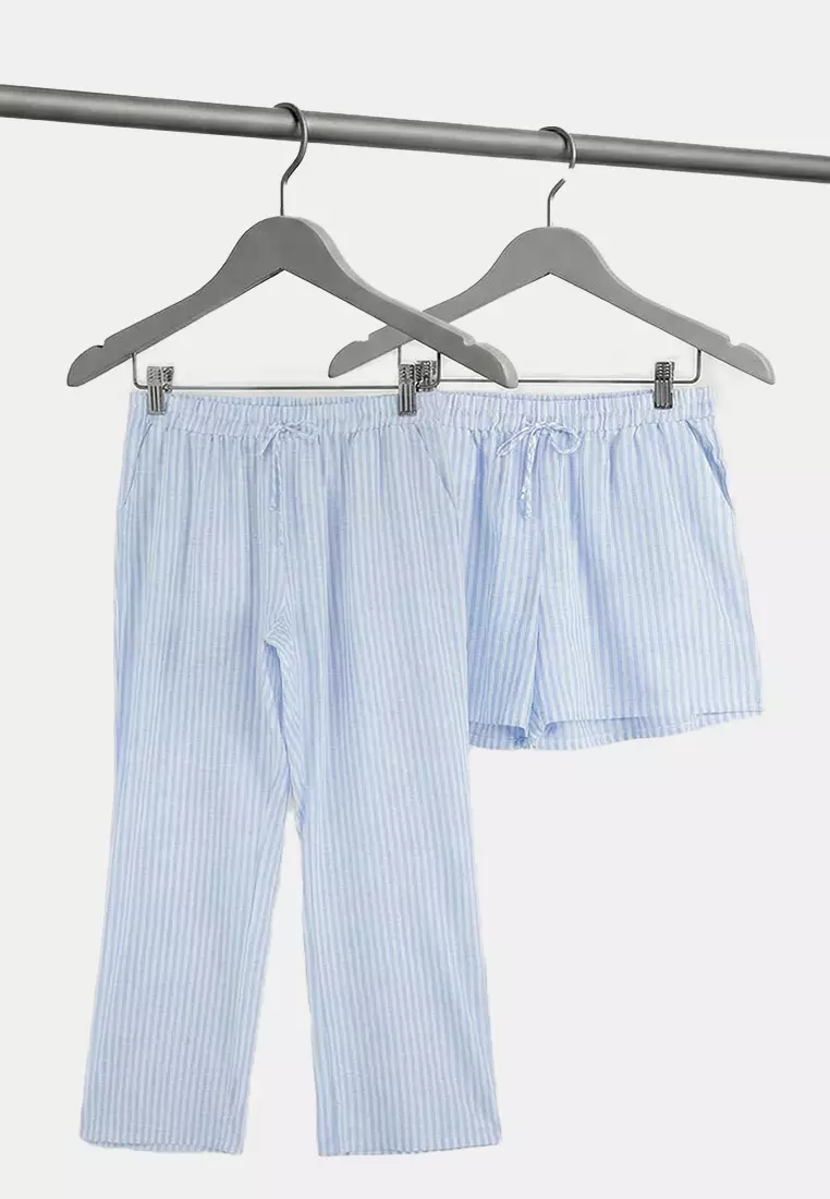 Blue Striped Shorts-Pants Package Woven Plus Size Pajama Bottoms Tbbss26Ia00009